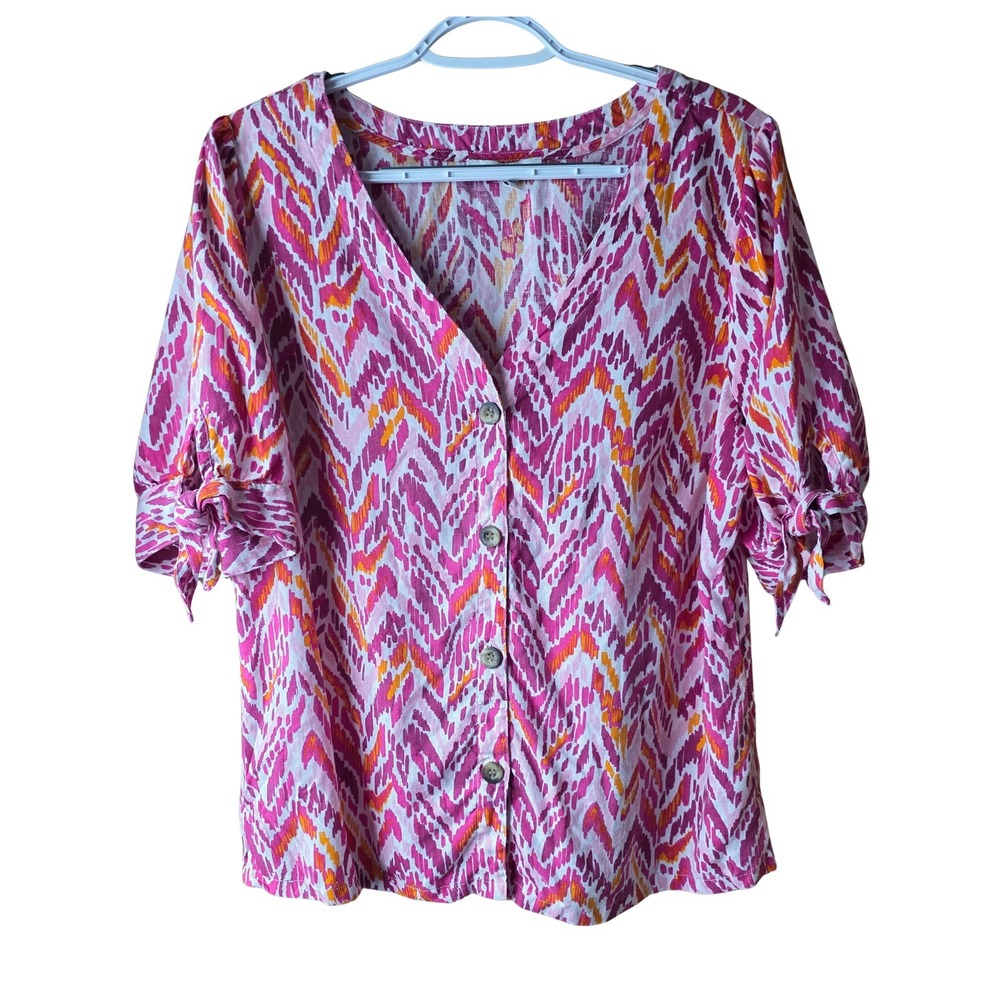 Emily Daniels Linen Blend Pink Ikat Print Button Front Blouse Women's Large L